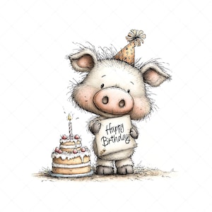 Whimsical pig illustration clipart design with a birthday theme. The pig wears a party hat decorated on its head and holds a sign that says “HAPPY BIRTHDAY” in its hands. Next to it is a birthday cake with candles and frosting.