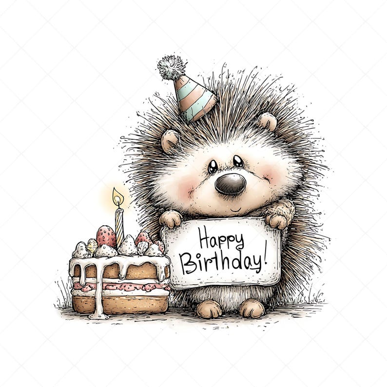 Whimsical hedgehog illustration clipart design with a birthday theme. The hedgehog wears a party hat decorated on its head and holds a sign that says “HAPPY BIRTHDAY” in its hands. Next to it is a birthday cake with candles and frosting.