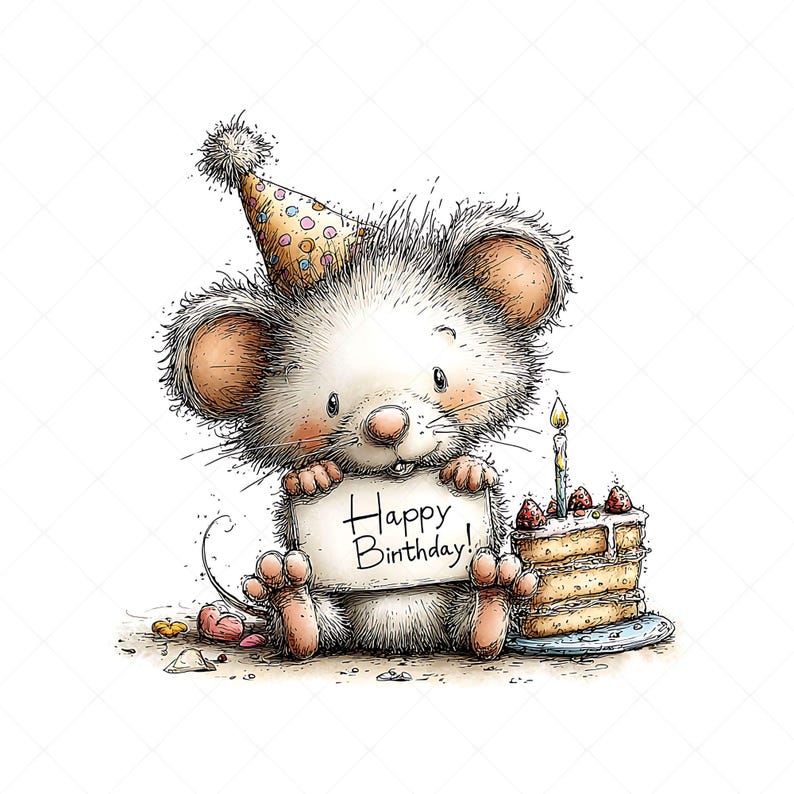 Whimsical mouse illustration clipart design with a birthday theme. The mouse wears a party hat decorated on its head and holds a sign that says “HAPPY BIRTHDAY” in its hands. Next to it is a birthday cake with candles and frosting.