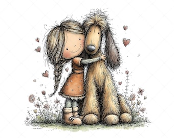 17 wunderliches Mädchen umarmt Hund Clipart JPG Set | Kinder und Welpen Illustrationen