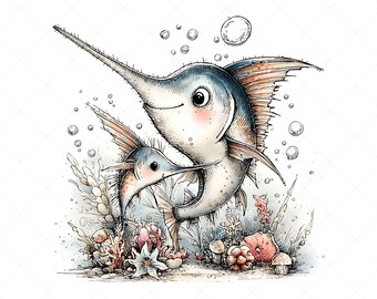 15 wunderliche Meerestiermütter und Kind Clipart JPG Set | Ozean-Kindergarten-Tiere Illustrationen