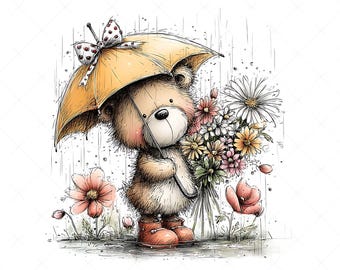 15 Wunderliche Frühling Waldtiere Clipart JPG | Waldtiere mit Blumen und Regen