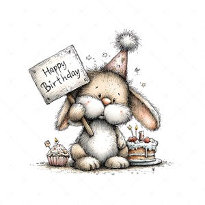 Whimsical rabbit illustration clipart design with a birthday theme. The rabbit wears a party hat decorated on its head and holds a sign that says “HAPPY BIRTHDAY” in its hands. Next to it is a birthday cake with candles and frosting.