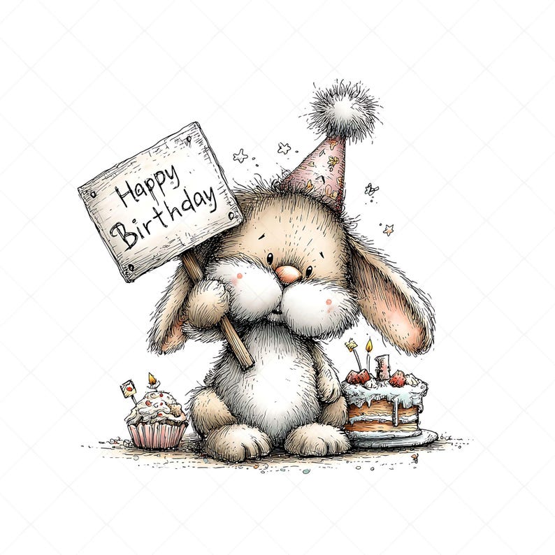 Whimsical rabbit illustration clipart design with a birthday theme. The rabbit wears a party hat decorated on its head and holds a sign that says “HAPPY BIRTHDAY” in its hands. Next to it is a birthday cake with candles and frosting.