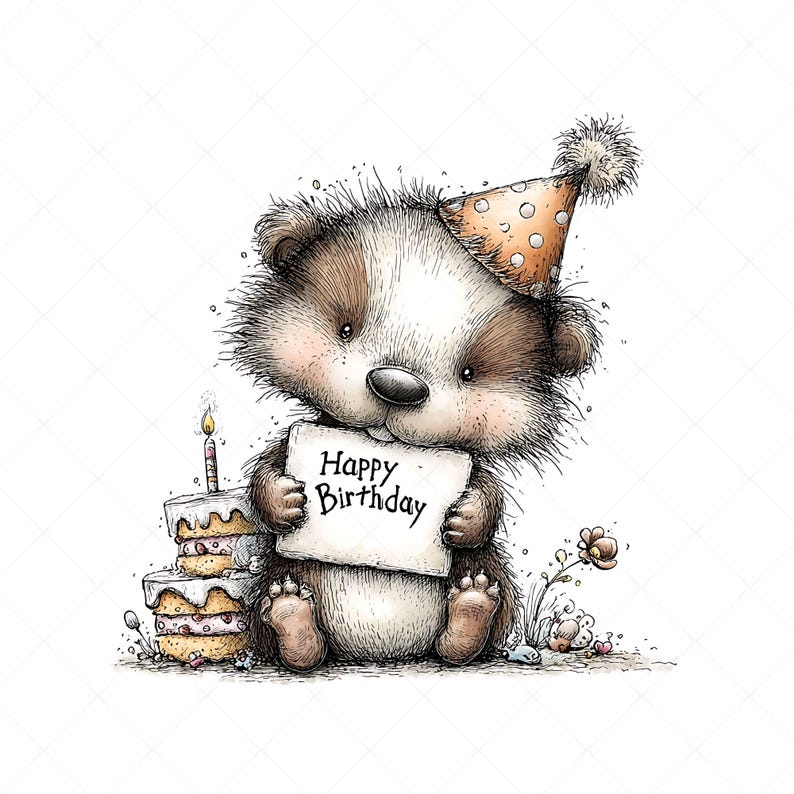Whimsical badger illustration clipart design with a birthday theme. The badger wears a party hat decorated on its head and holds a sign that says “HAPPY BIRTHDAY” in its hands. Next to it is a birthday cake with candles and frosting.