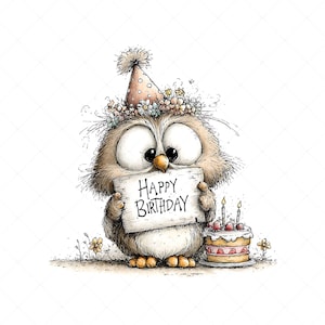 Whimsical owl illustration clipart design with a birthday theme. The owl wears a party hat decorated with flowers on its head and holds a sign that says “HAPPY BIRTHDAY” in its hands. Next to it is a birthday cake with candles and frosting.