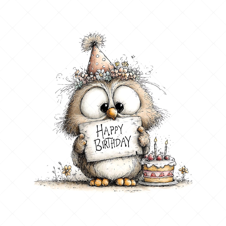Whimsical owl illustration clipart design with a birthday theme. The owl wears a party hat decorated with flowers on its head and holds a sign that says “HAPPY BIRTHDAY” in its hands. Next to it is a birthday cake with candles and frosting.