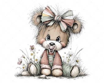 17 wunderliche Baby Bär Clipart JPG Set | Teddybären mit Coquette Bow Illustration
