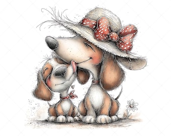 21 wunderliche Hund Mama Clipart JPG Set | Mutter Dackel und Welpe Digital Illustration