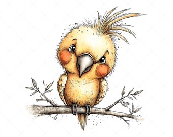 11 wunderliche kleine Vögel Clipart JPG Set | Kleiner Vogel auf Zweig Illustrationen
