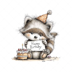 Whimsical raccoon illustration clipart design with a birthday theme. The raccoon wears a party hat decorated on its head and holds a sign that says “HAPPY BIRTHDAY” in its hands. Next to it is a birthday cake with candles and frosting.
