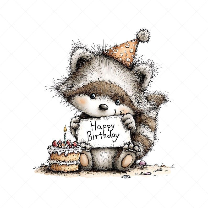 Whimsical raccoon illustration clipart design with a birthday theme. The raccoon wears a party hat decorated on its head and holds a sign that says “HAPPY BIRTHDAY” in its hands. Next to it is a birthday cake with candles and frosting.