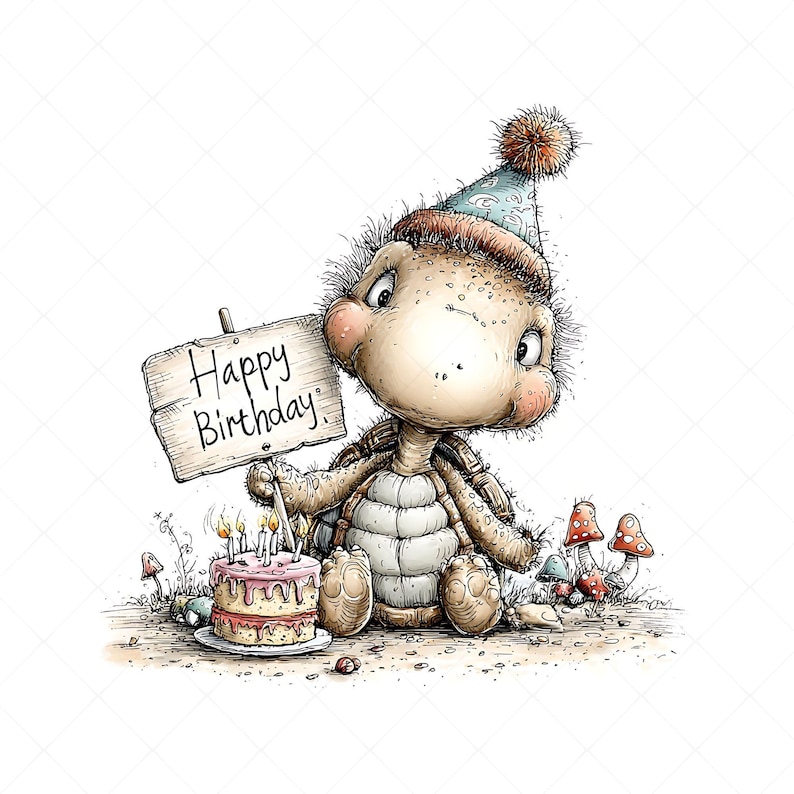 Whimsical turtle illustration clipart design with a birthday theme. The turtle wears a party hat decorated on its head and holds a sign that says “HAPPY BIRTHDAY” in its hands. Next to it is a birthday cake with candles and frosting.