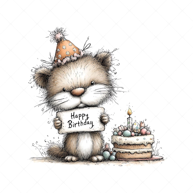 Whimsical marten illustration clipart design with a birthday theme. The marten wears a party hat decorated on its head and holds a sign that says “HAPPY BIRTHDAY” in its hands. Next to it is a birthday cake with candles and frosting.