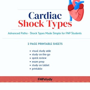 Puede incluir: Una hoja imprimible blanca con el título "Cardiac Shock Types" en azul y rojo. La hoja incluye un diagrama de un corazón y viñetas que enumeran las ayudas para el estudio. También se incluye el texto "Advanced Patho - Shock Types Made Simple for FNP Students".