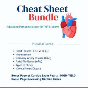Könnte beinhalten: Ein weißes Cheat-Sheet-Bundle mit dem Titel "Cardiovascular Cheat Sheet Bundle" in blauer und roter Schrift. Das Bild enthält ein Herzdiagramm und listet Themen wie Herzinsuffizienz und Bluthochdruck auf.