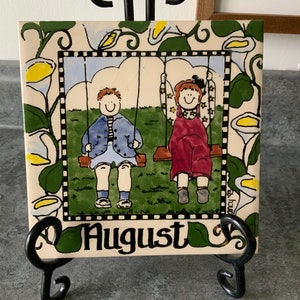 Vintage Hand-Painted August Tile Trivet Signed Nancy &#39;93