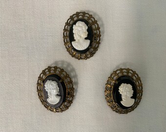 Three Vintage Cameo Brooches/Pins, White Cameo On Black, Filigree Rim, Collectible, Gift