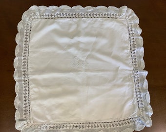 Monogrammed Pillow Sham, Vintage Pillow Sham, Vintage Linens, Vintage Single Euro Sham, Pillow Sham With Stitched Lace Machine Embroidered
