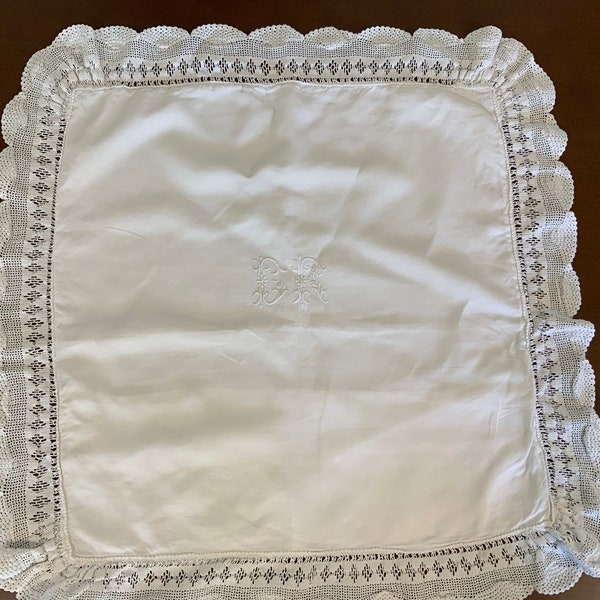 Monogrammed Pillow Sham, Vintage Pillow Sham, Vintage Linens, Vintage Single Euro Sham, Pillow Sham With Stitched Lace Machine Embroidered