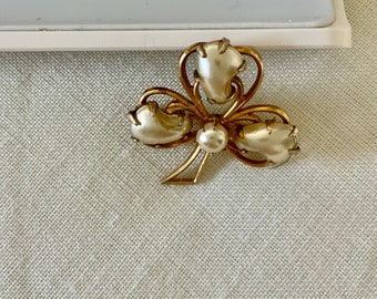 Three Leaf Faux Pearl Pin/Brooch,  Gold-Tone, Vintage Collectible Pin, Costume Jewelry