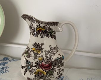 Vintage Enoch Wedgwood Pitcher, Oriental Pheasants Transferware, 1950s