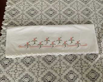 Pillowcase, Single Embroidered Vintage Pillowcase, Lace Border, Peach/Pink Flowers With Green Stems, Standard Pillowcase, Crochet Trim