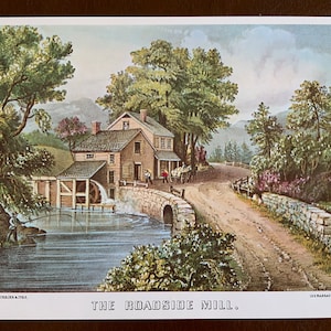 Vintage Currier & Ives Lithograph: The Roadside Mill, Cottagecore Art (9x12)