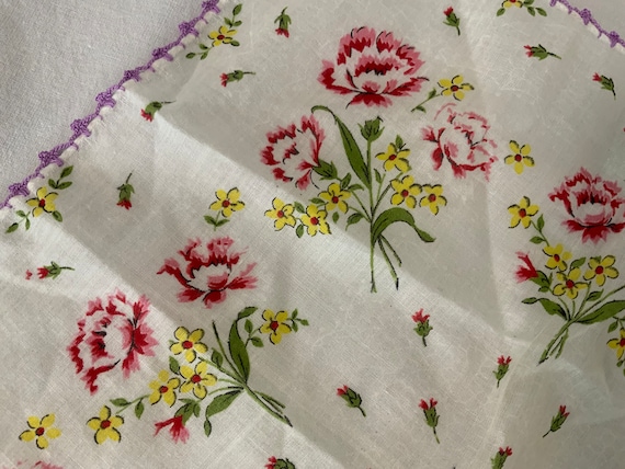 Vintage Cotton Handkerchief, White With Pink Flow… - image 4