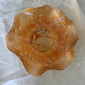 Fenton Carnival Glass Bowl: Peacock & Urn Pattern, Ruffled Edge, Marigold Iridescent