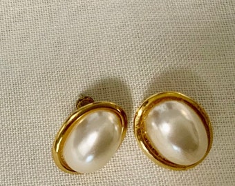 Vintage Earrings, Napier Gold Tone Faux Pearl Earrings, Post Back, Gift, Mother’s Day, Birthday Gift