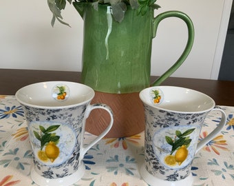 Pimpernel Pair Of Coffee Mugs, White Porcelain With Blue Toile With Lemons And Oranges, Collectible, Designed In England