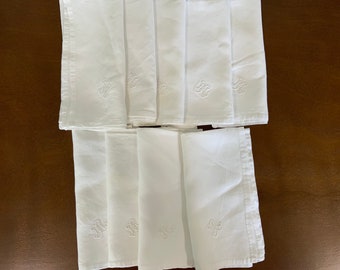 Napkins, Nine White Monogrammed Napkins, Vintage Linens, Large Vintage Dinner Napkins