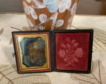 Antique Daguerreotype Photo Frame, Tooled Leather With Latching Hardware, Folding Photo Frame