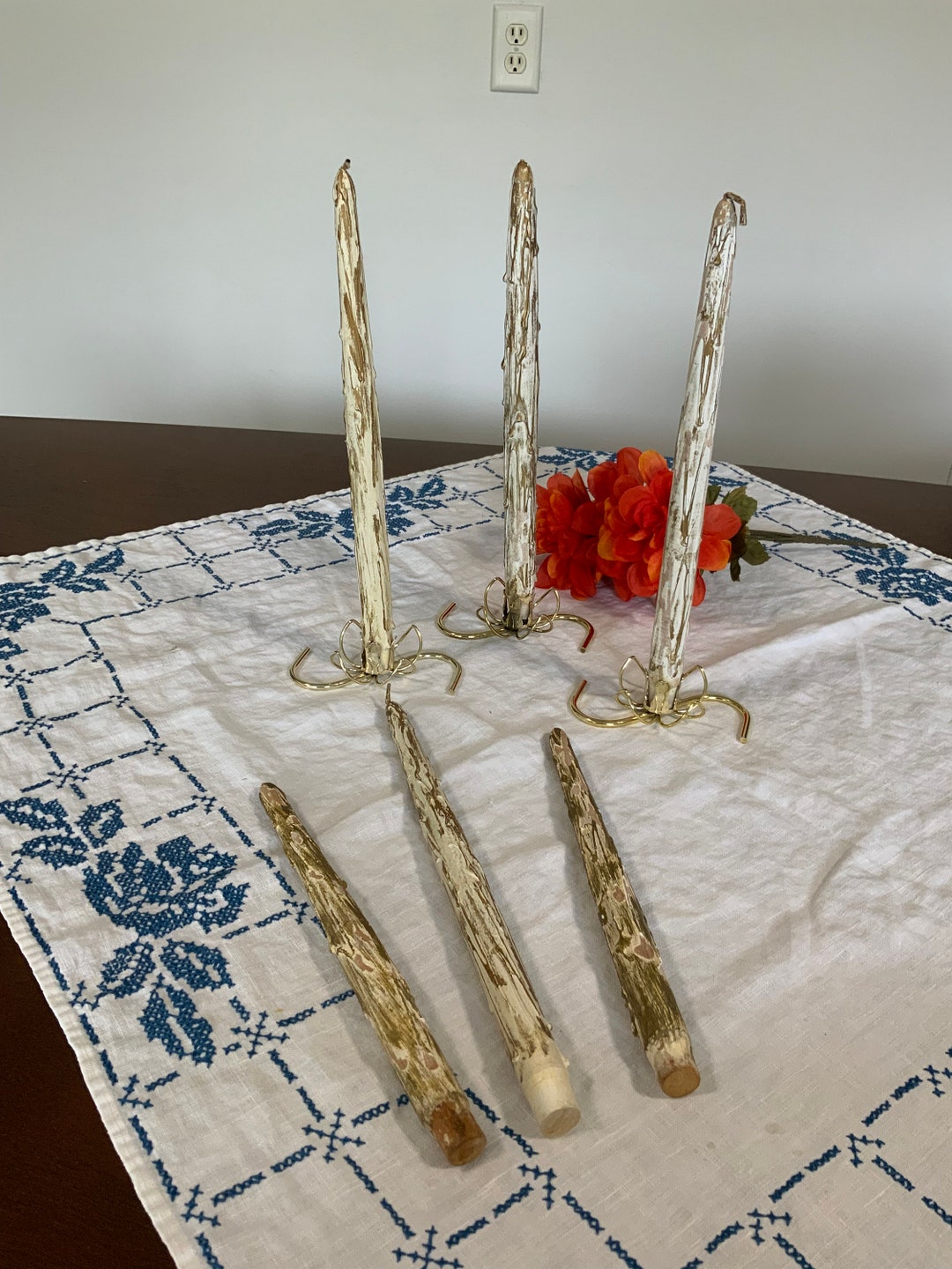 Six Vintage Wood Carved Taper Candles From Italy, Set of Six, Two