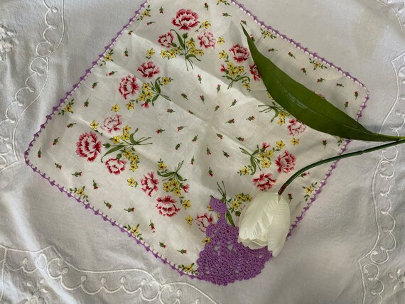 Vintage Cotton Handkerchief, White With Pink Flow… - image 1