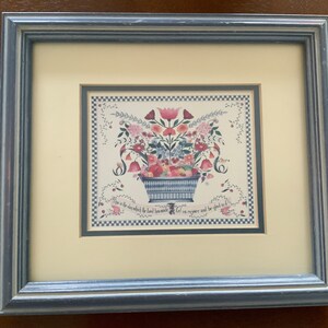 Framed Floral Basket Art Print: Blue Frame, Double Mat