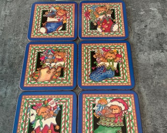 Six Pimpernel Coasters, Christmas Bears Acrylic Coasters, Vintage In Original Box 1980’s, Cork Back