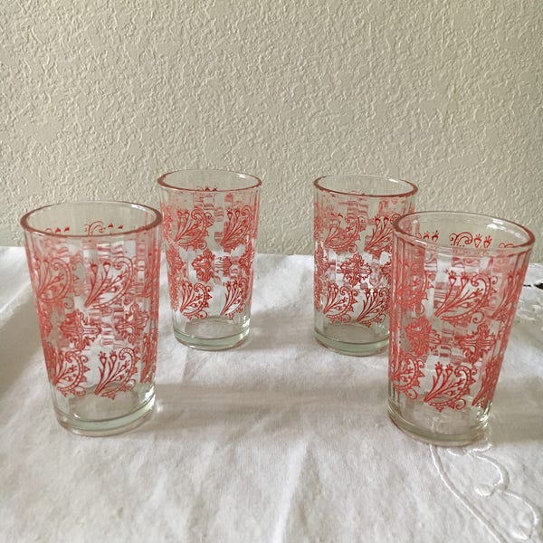 Glasses, Juice Glasses, Vintage Ribbed Juice Glasses, Four Red Floral Glasses