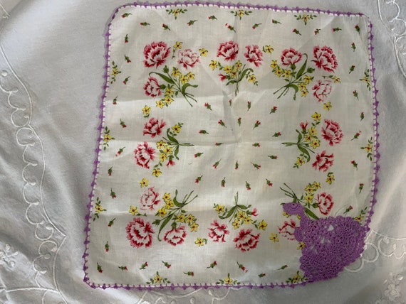 Vintage Cotton Handkerchief, White With Pink Flow… - image 5