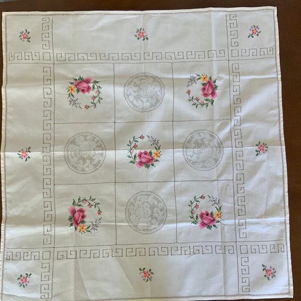 Vintage Cross Stitch Tablecloth With Cutwork Design, Hand Stitched From The 1950’s, Collectible Linens, Spring Tablecloth