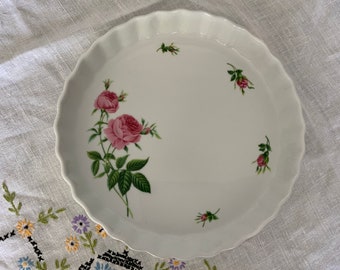 Vintage Ceramic Quiche Plate/Pan, By Christine Holm, Pink Roses, Collectible Porcelain Bakeware