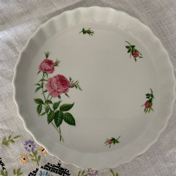 Vintage Ceramic Quiche Plate/Pan, By Christine Holm, Pink Roses, Collectible Porcelain Bakeware