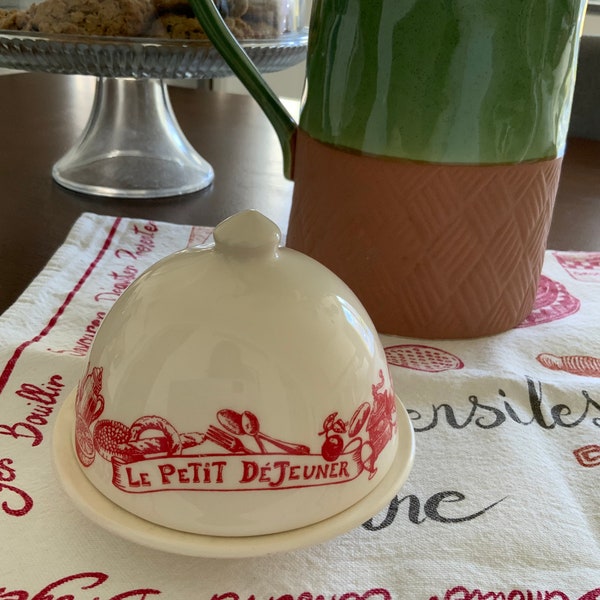 Vintage French Butter Dish, Le Petit De’Jeuner By Le Comptoir, Ceramic Domed Butter Dish. Red Motif, Collectible, French Country