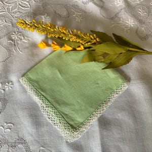 Vintage Green Handkerchief, Women’s Handkerchief, White Crochet Lace Edge, Collectible