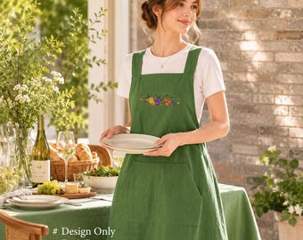 May include: A forest green apron featuring a central embroidered fruit bouquet design. The apron has wide shoulder straps, a square neckline, and a large front pocket. The text # Design Only # Fruit Bouquet # Green Apron is visible.