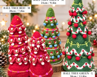 May include: Four cone-shaped felt trees in red and green. Red trees are 7.0in and 7.8in tall. Green trees are 9.4in and 11.8in tall. They feature scalloped edges, white stitching, and small pom-poms. Text labels indicate sizes: BALL TREE RED - S 18cm / 7.0in, BALL TREE RED - M 20cm / 7.8in, BALL TREE GREEN - M 24cm / 9.4in, BALL TREE GREEN - L 30cm / 11.8in.