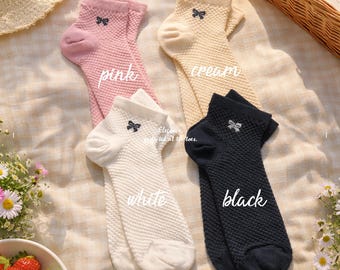 Waffle Knit Ribbon Sneaker Socks | Cozy Cotton Blend, Made in Korea (Gift Box)