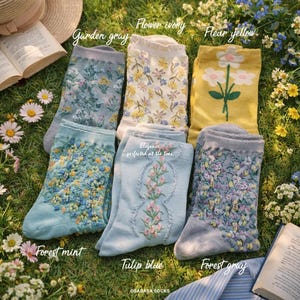 6-Pack | Yellow green Floral Novelty Cotton Crew Socks, Cottagecore Style, Mother's Day Gift