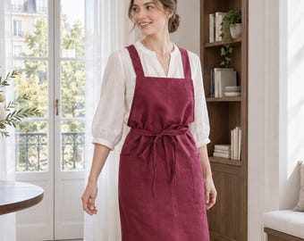 May include: A deep burgundy linen apron featuring a cross-back design with wide shoulder straps, a tie-waist closure, and two front patch pockets. The apron is worn over a white long-sleeved blouse with a V-neckline and gathered sleeve cuffs.